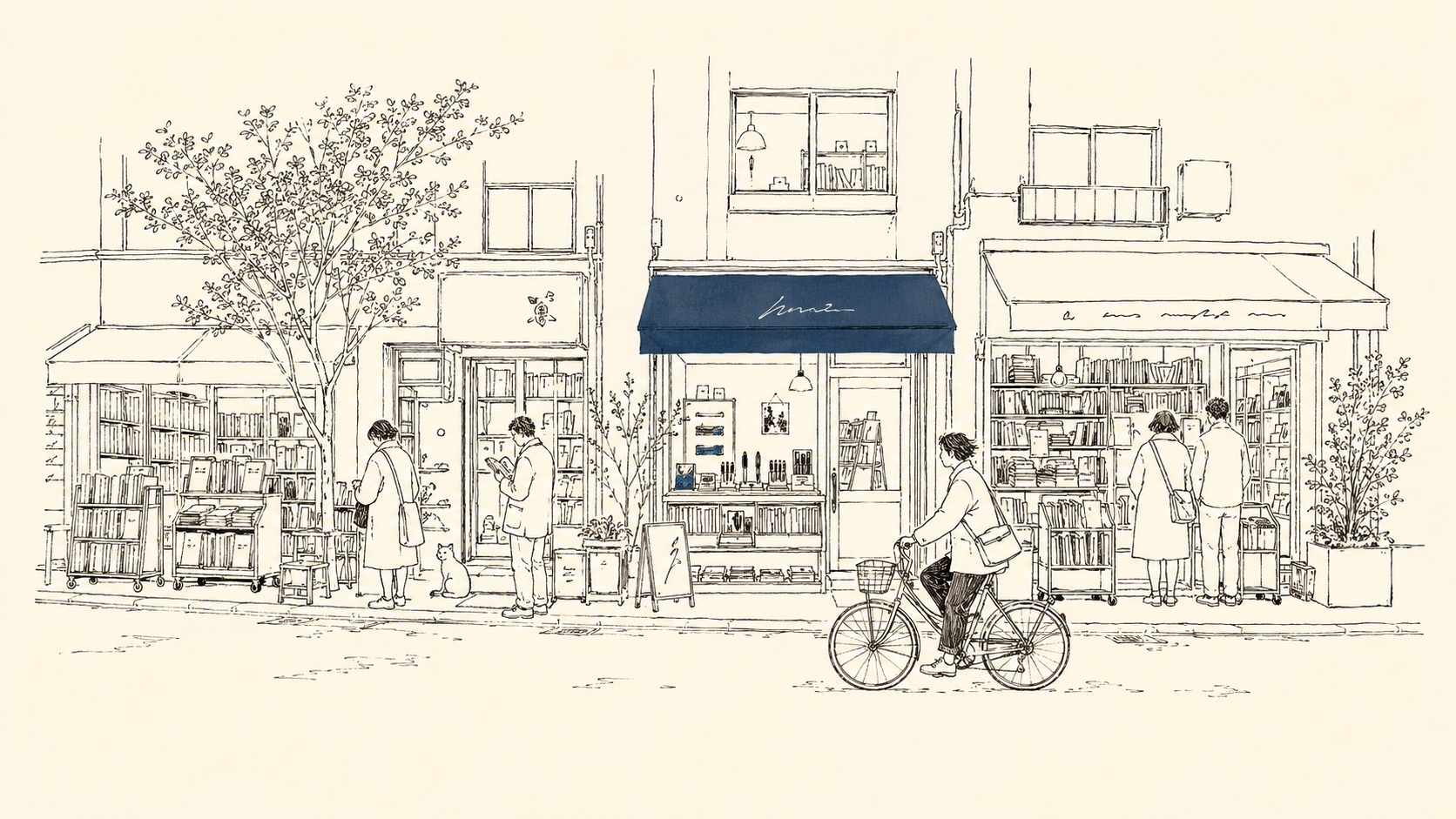 古書店が軒を連ねる神田神保町の街並みの線画。中央に verso の店先。
