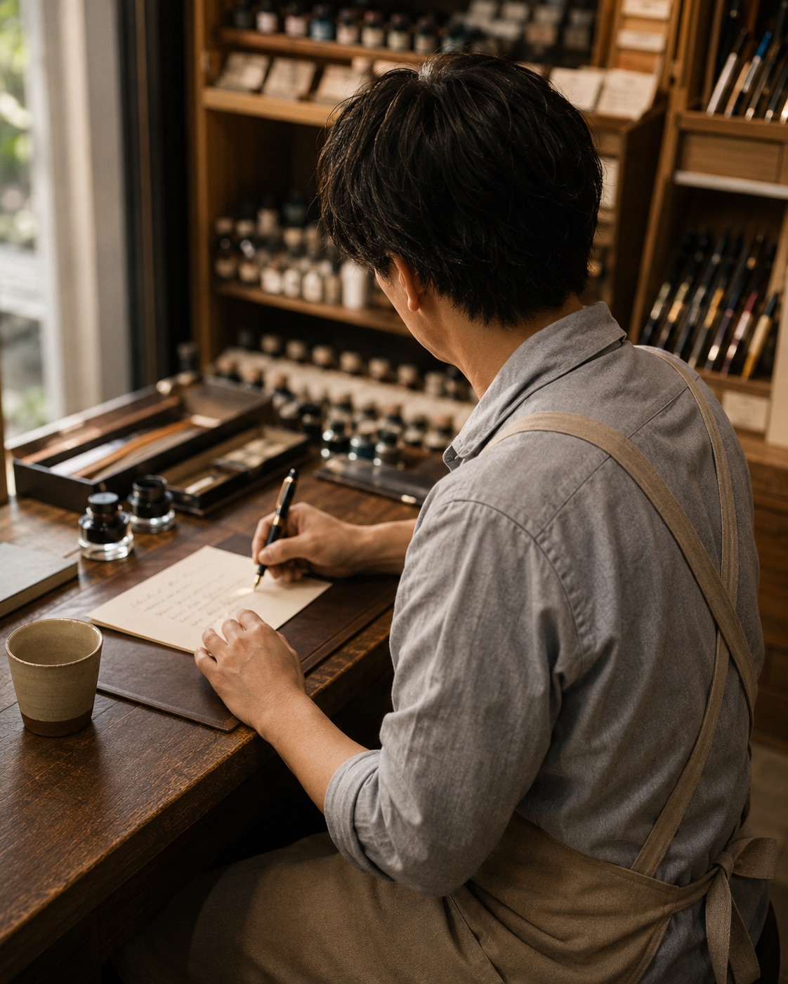 店のカウンターで、万年筆で便りを綴る店主の後ろ姿。