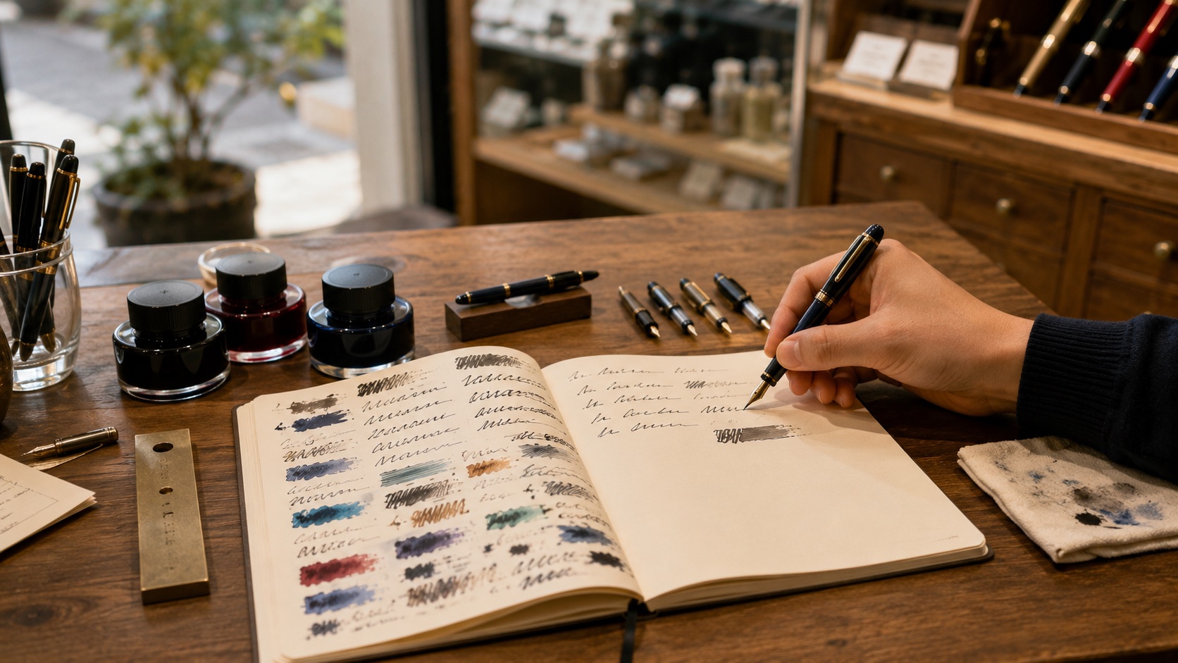 試筆用のノートに広がる無数のインク見本と、書き味を試す手元。