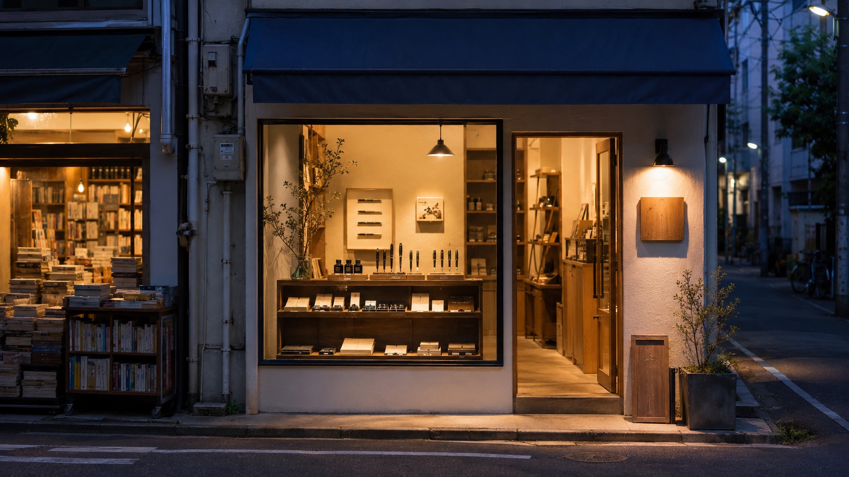 夕暮れの神保町にたたずむ verso の店構え。